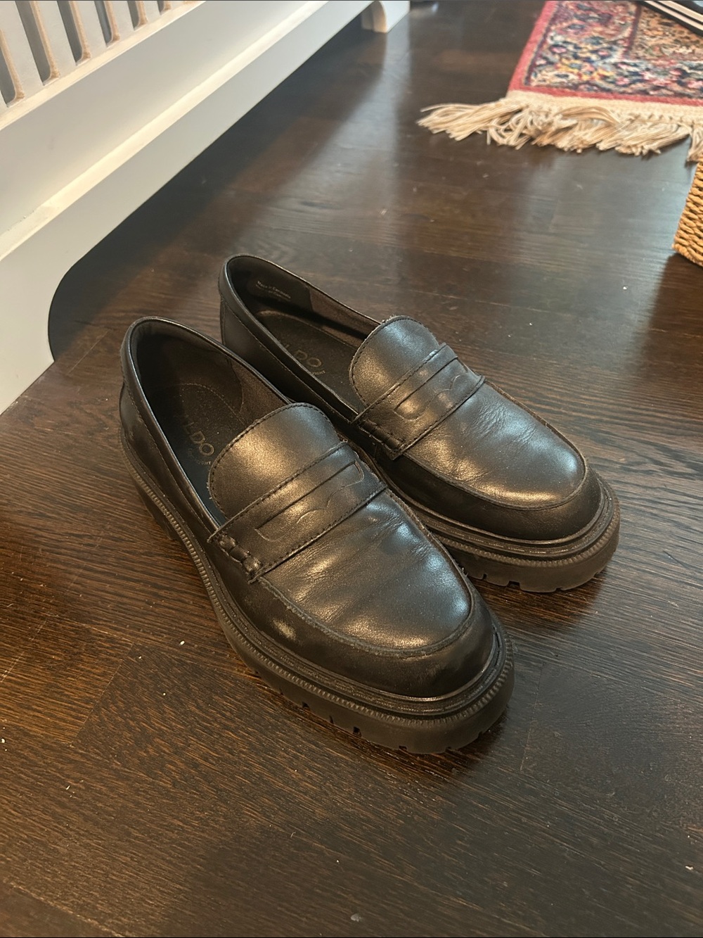 Aldo Black Leather Lug-Soled Penny Loafers